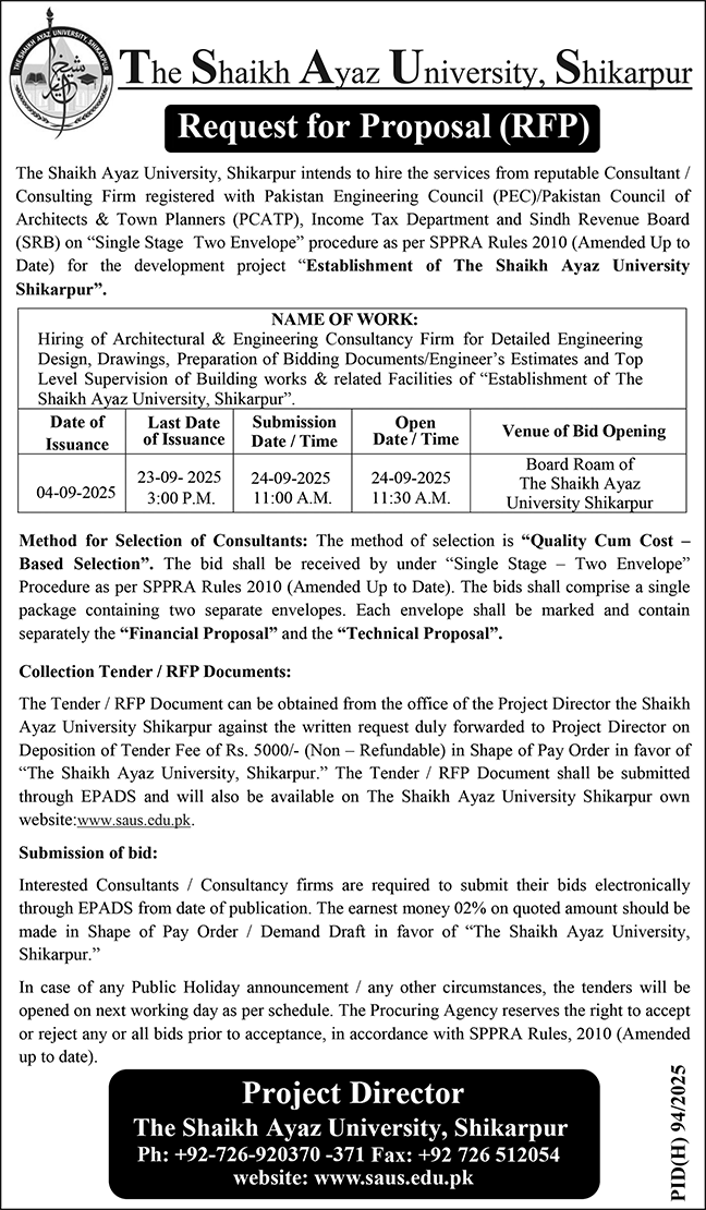 The Shaikh Ayaz University Shikarpur Tender Notice